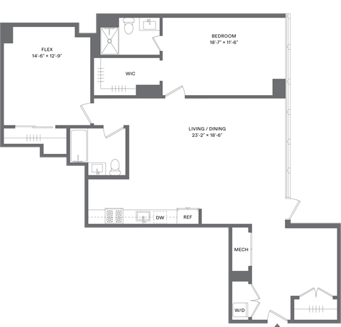 Floor plan for 1 bed, 2 baths, 1360 sqft